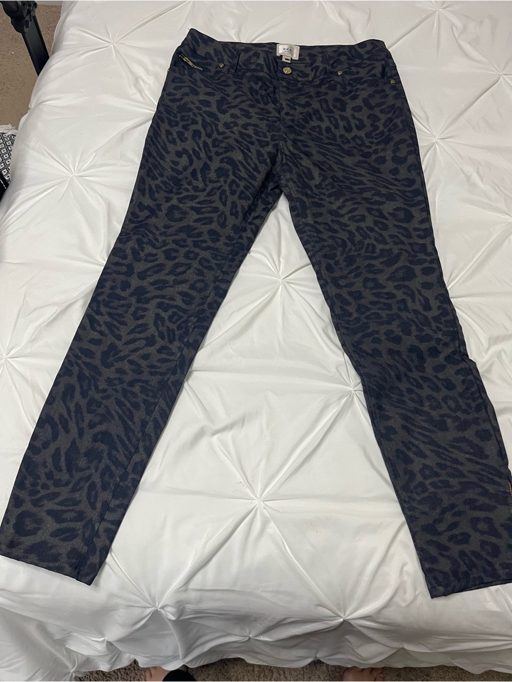 ECI Black and Charcoal Leopard-print 5 pocket Jean style pants.